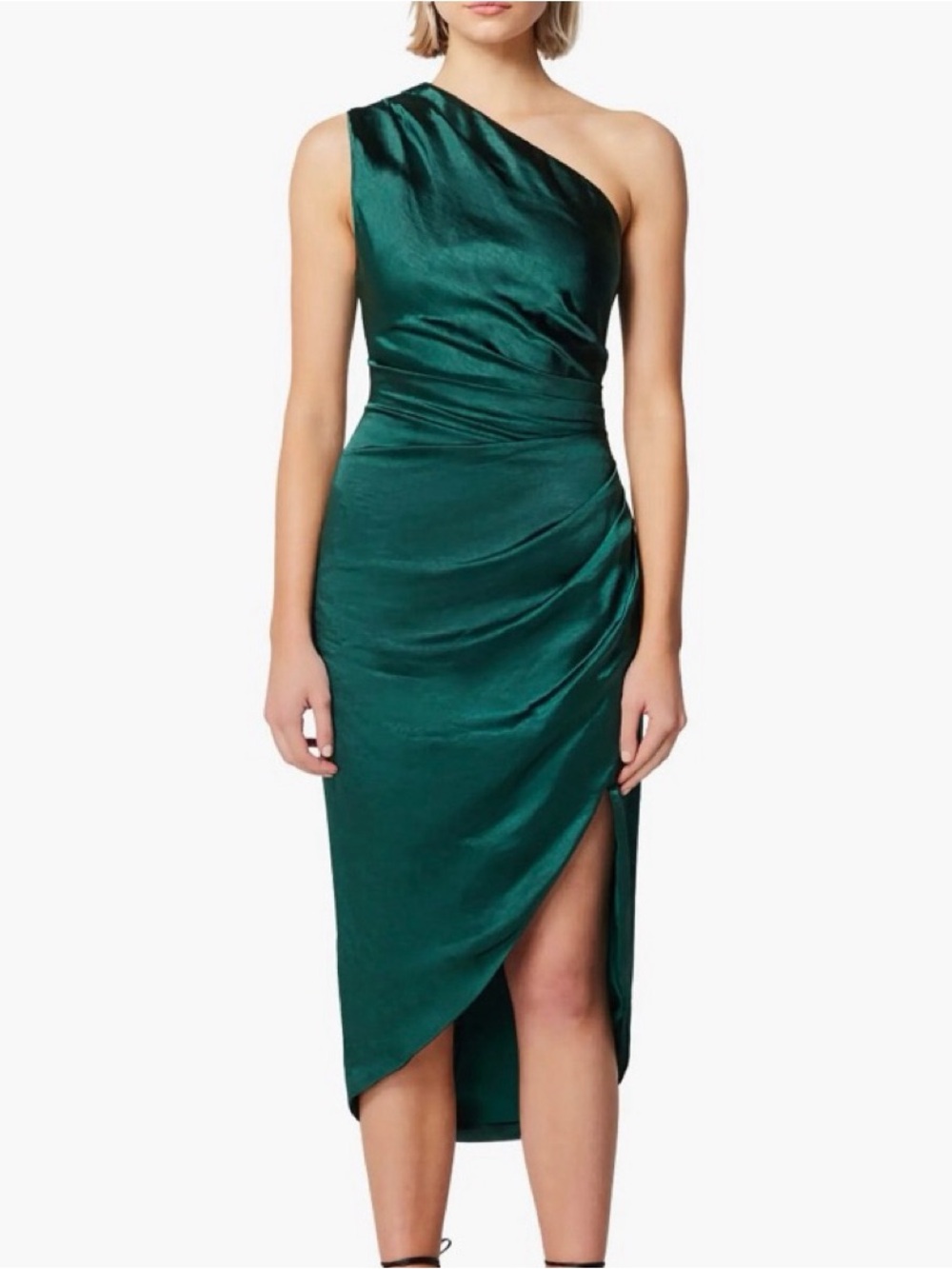 Elliatt Cassini One-Shoulder Satin Midi Dress in Forest Green
